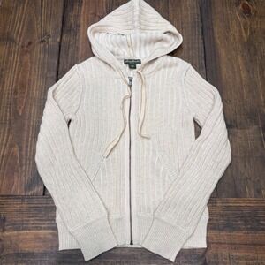 Eddie Bauer Womens Cream Ribbed Knit Full Zip Hoodie Sweater Cotton Size M